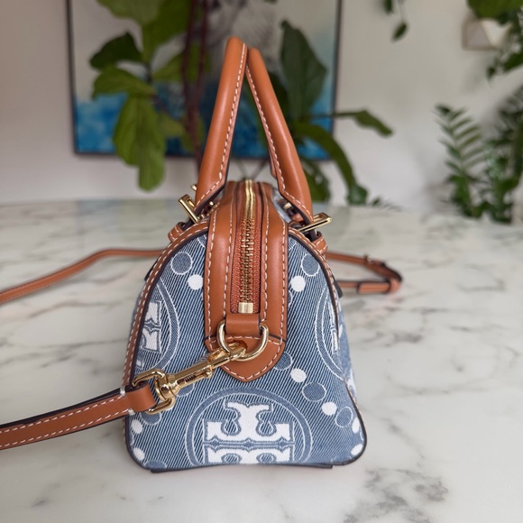 Tory Burch Petite T Monogram Denim Barrel Crossbody Satchel Bag Blue Tan Leather - Picture 4 of 14